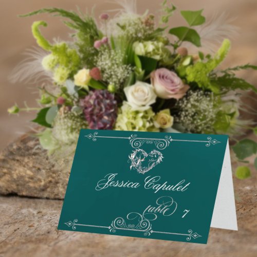 Stylish Heart & Scrolls - Teal Place Card