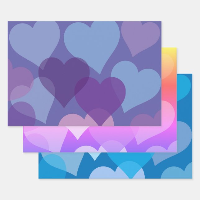 Stylish Hearts Theme Blue Pink Purple Wrapping Paper Sheets (Set)