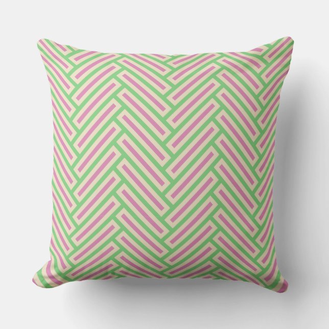 Stylish HerringBone Green Pink Cream Throw Pillow (Front)