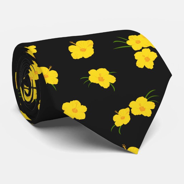 Stylish Hibiscus Flower Yellow and Black Patterned Neck Tie (Rolled)