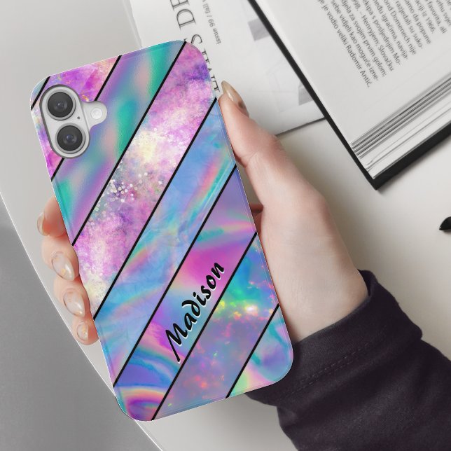 Stylish holographic chic blue pink striped Case-Mate iPhone case (Creator Uploaded)