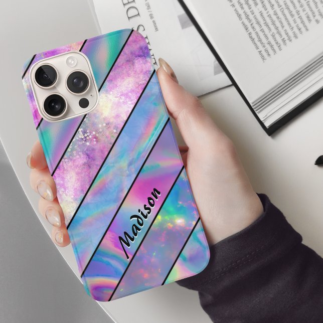 Stylish holographic chic blue pink striped Case-Mate iPhone case (Creator Uploaded)