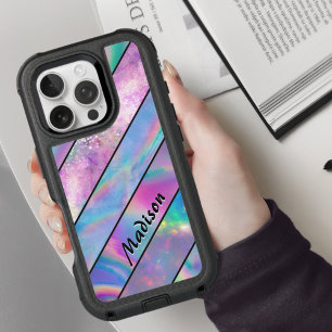 Stylish holographic chic blue pink striped iPhone 16 pro case