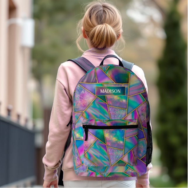 Stylish holographic chic faux gold geometric printed backpack (Creator Uploaded)