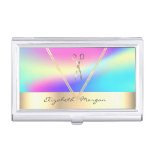 Stylish,Holographic,Gold Geometric Scissors Business Card Case