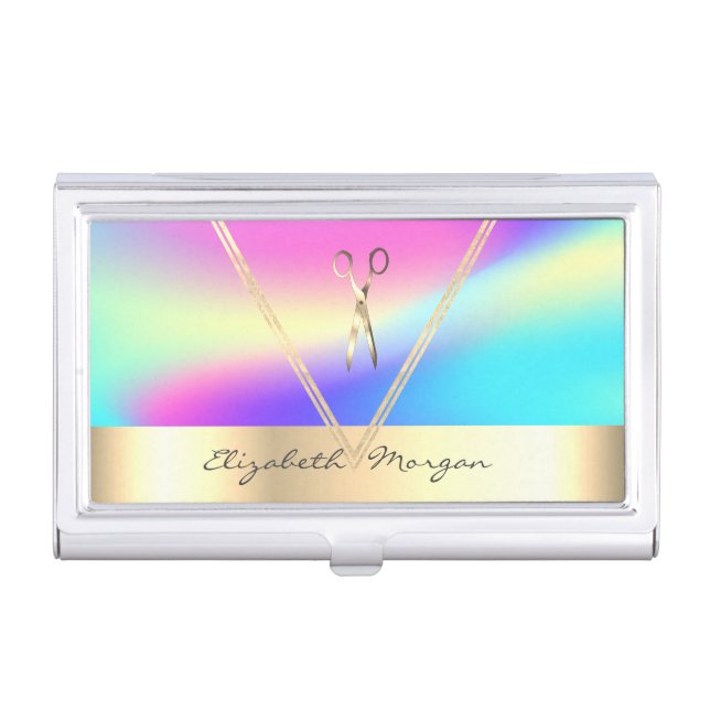 Stylish,Holographic,Gold Geometric Scissors Business Card Case (Front)