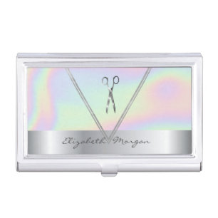 Stylish,Holographic,Silver Geometric Scissors Business Card Case