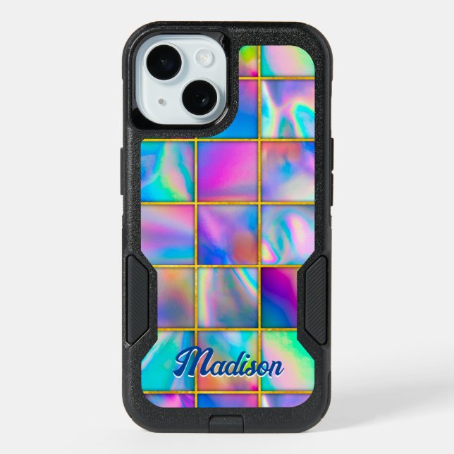 Stylish holographic trendy faux gold geometric iPhone 15 case (Back)