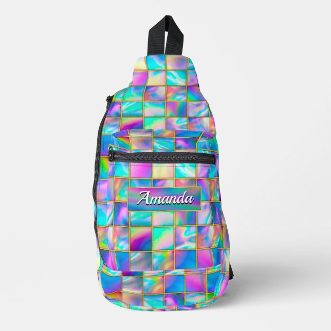Stylish holographic trendy faux gold geometric  sling bag (Front)