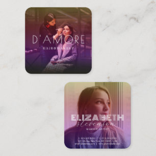 Stylish Holography Gold and Pink Abstract 2 Photos Square Business Card