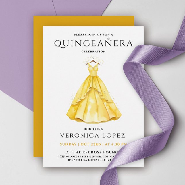 Stylish Honey Yellow Quinceañera Dress Watercolor Invitation (Creator Uploaded)