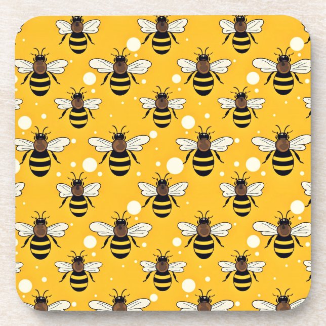 Stylish Honeybees Pattern Yellow Beverage Coaster (Front)