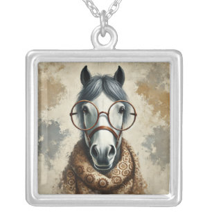 Stylish Horse with Glasses – Funny Vintage Art Silver Plated Necklace