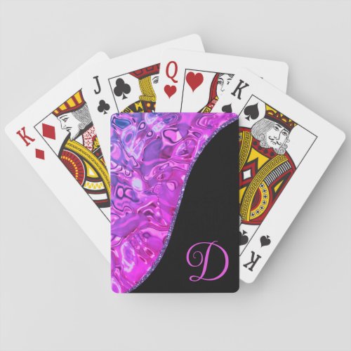 Stylish Hot Pink Black Purple Glitter Monogram Poker Cards