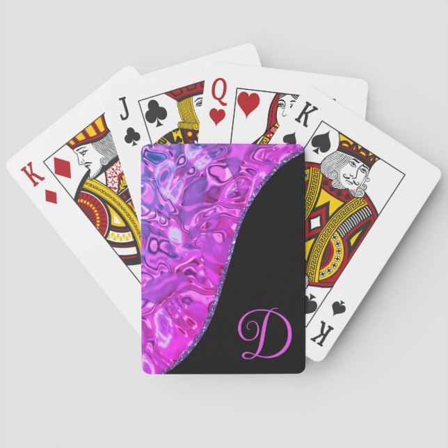 Stylish Hot Pink Black Purple Glitter Monogram Poker Cards (Back)