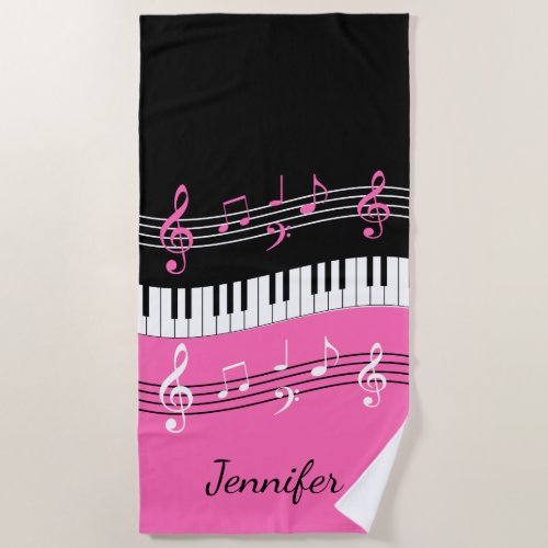 Stylish Hot Pink Black White Piano Keys and Notes Beach Towel