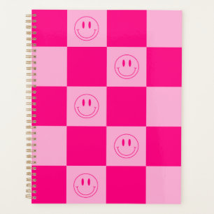 Stylish Hot Pink Checkered & Cute Happy Smile Planner