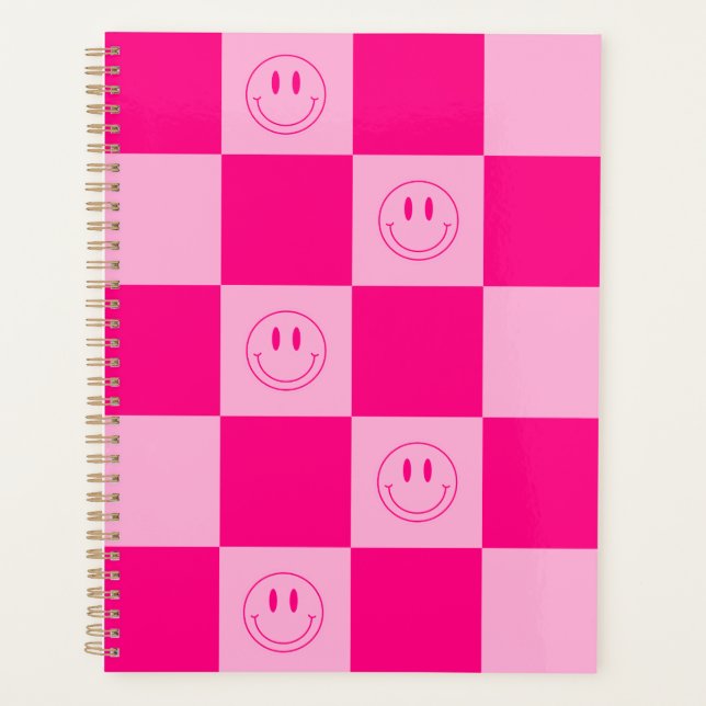 Stylish Hot Pink Checkered & Cute Happy Smile Planner (Front)