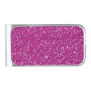 Stylish Hot Pink Glitter Silver Finish Money Clip