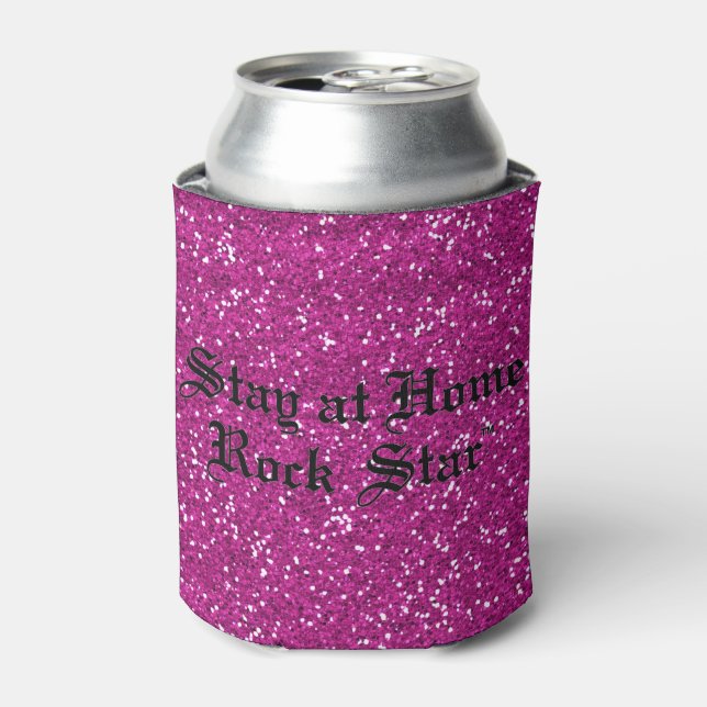 Stylish Hot Pink Glitter Stay At Home Rock Star Can Cooler (Can Front)