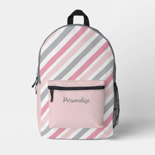 Stylish Hot Pink & Gray Angled Stripes Personalize Printed Backpack (Front)
