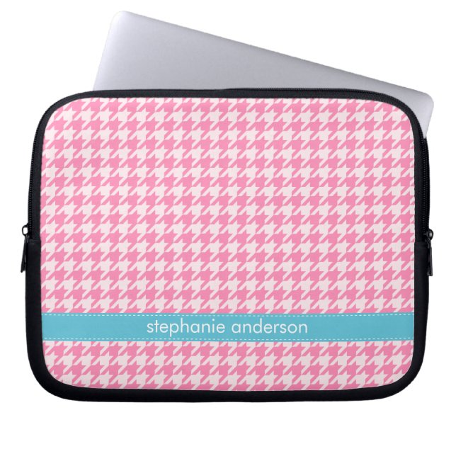 Stylish Hot Pink Houndstooth Pattern Laptop Sleeve (Front)