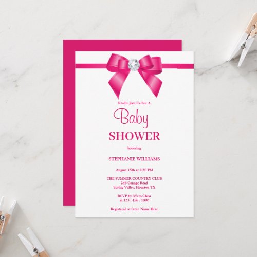 Stylish Hot Pink Jewel Bow Baby Shower Invitation