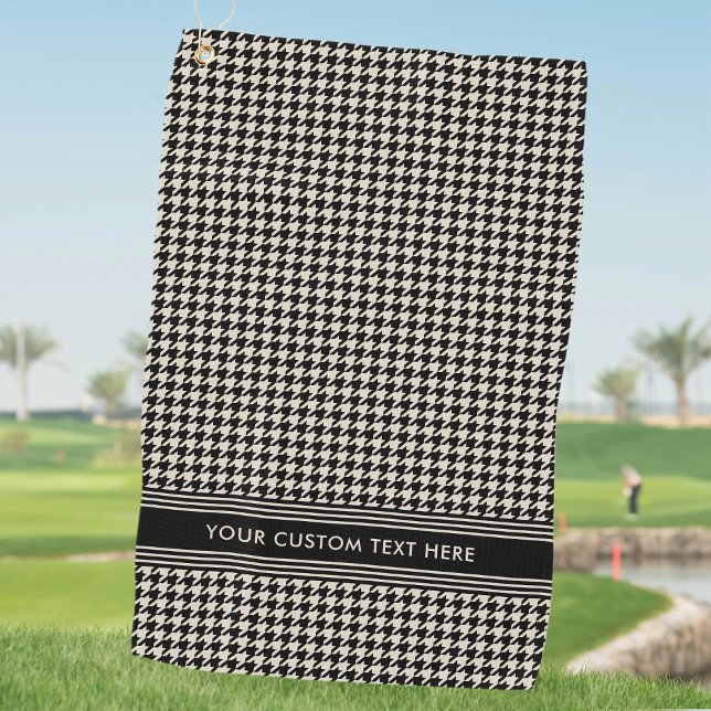 Stylish Houndstooth Pattern Name Black Off-White Golf Towel (Creator Uploaded)