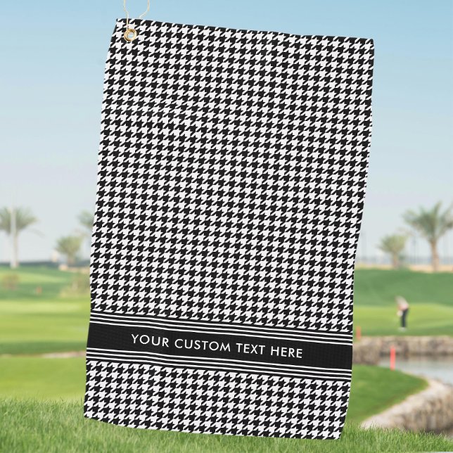 Stylish Houndstooth Pattern Name Black White Golf Towel (Creator Uploaded)