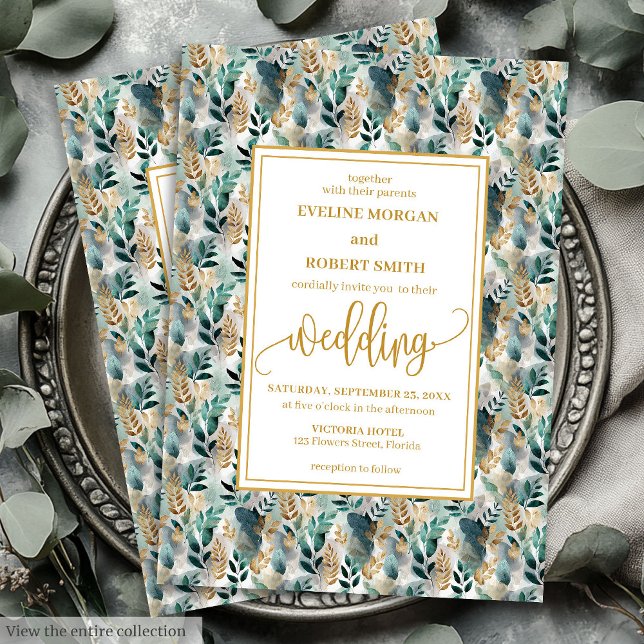 Stylish Hunter Green Gold Greenery Wedding Invite (Stylish Hunter Green Gold Greenery Wedding Invitation)