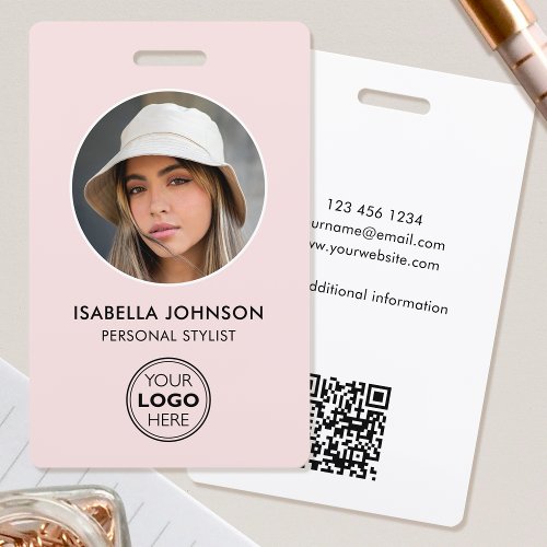 Stylish ID Photo Logo QR Code Blush Pink Security Badge