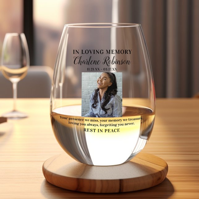 Stylish In Loving Memory | Photo Memorial Stemless Wine Glass (Creator Uploaded)