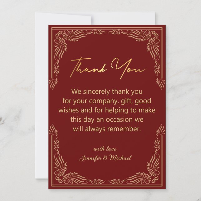 stylish indian gold red  thank you wedding   note card (Front)