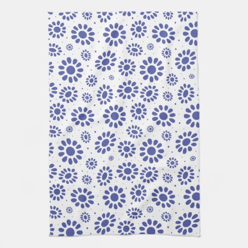 Stylish Indigo Blue and White Daisy Pattern Kitchen Towel