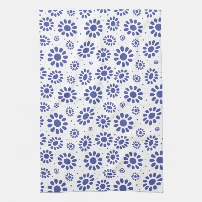 Stylish Indigo Blue and White Daisy Pattern Kitchen Towel (Vertical)
