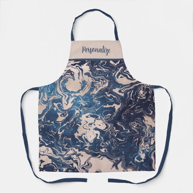 Stylish Indigo Blue Cream Marble Swirl Pattern Apron (Front)