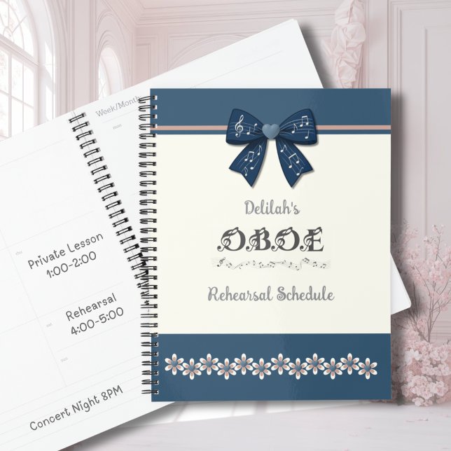 Stylish Indigo Floral Coquette Bow Oboe Music Planner (Stylish indigo floral oboe music planner, perfect for teen girls organizing recital and lesson notes)