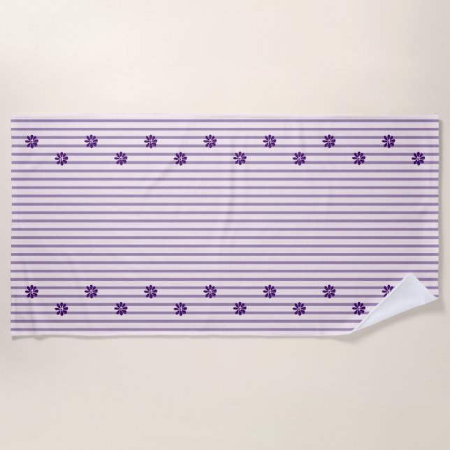 Stylish Indigo Flowers, Blush & Violet Striped Beach Towel (Front)