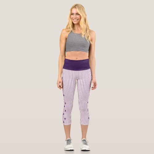 Stylish Indigo Flowers Blush Violet Striped Capri Leggings