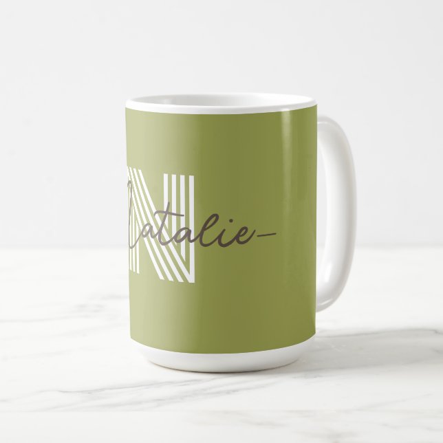 Stylish initial and script name Olive green cute Coffee Mug (Front Right)