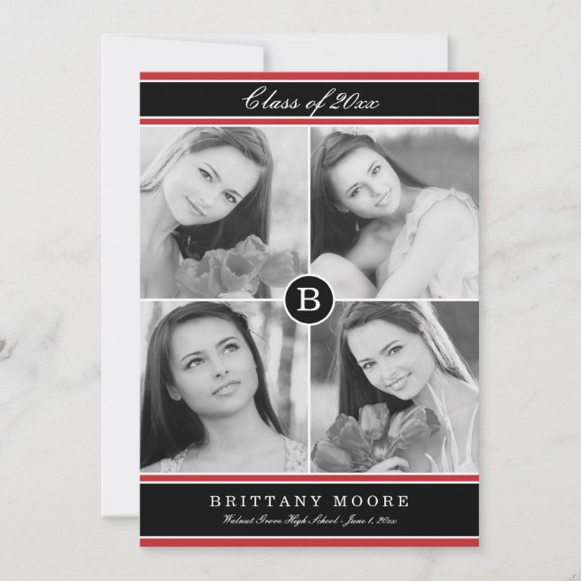 Stylish Initial Graduation Invitation - Red (Front)