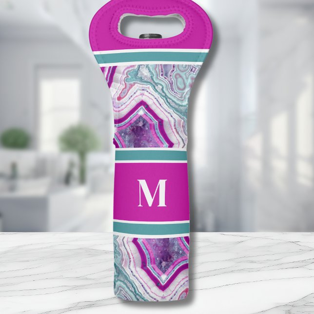 Stylish Initial Monogram Wine Bag (Modern Turquoise Fuchsia Stone Monogram Initial Wine Bag)