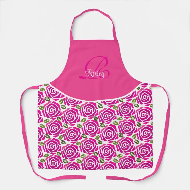 Stylish Initial Name Hot Pink Magenta Roses Custom Apron (Front)