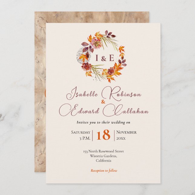 Stylish Initials Rustic Brown Fall Wreath Wedding  Invitation (Front/Back)