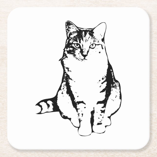 Stylish Ink Front‑Facing Tabby Cat Coaster (Front)