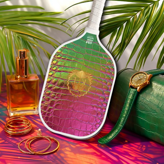 Stylish Iridescent Pink Green Faux Crocodile Carbon Fiber Pickleball Paddle (Stylish Fun Faux Croc Pink and Green Iridescent Monogram Pickleball Paddle )