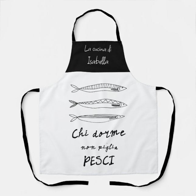 Stylish italian kitchen sardines drawing black apron (Front)