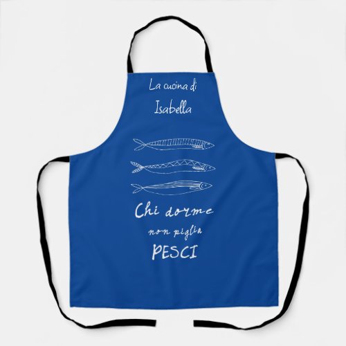 Stylish italian kitchen sardines drawing blue apron