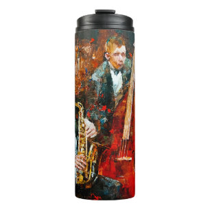 Stylish jazz band playing music on the scene, back thermal tumbler
