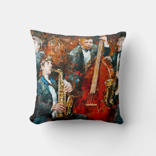 Stylish jazz band playing music on the scene back throw pillow